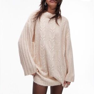 TopShop Cable Knit Long Sleeve Sweater Dress Ivory Oversized Chic size XS NWT